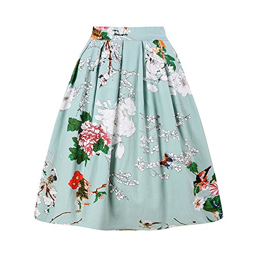 Green Flower Rockabilly Retro Pleated Skirt Size S