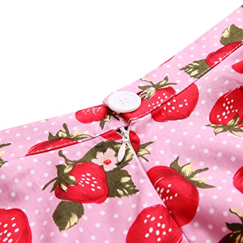 High Waisted Skirts for Women 1950s Strawberry Printed A Line Skirt Vintage Printed Midi Skirt 50s 60s Audrey Rockabilly Party Flare Skirt Retro Prom Knee Length Skirts Pink Berrry Large