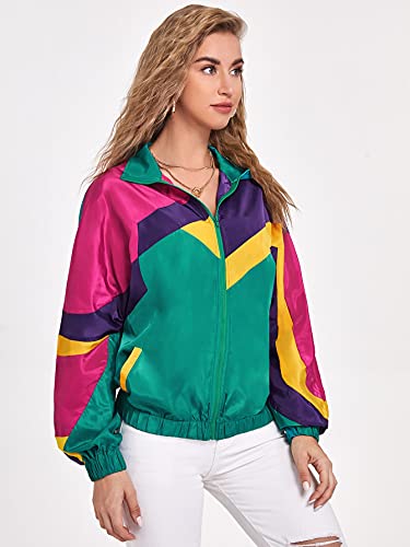Verdusa Women's Colorblock Zip Up Long Sleeve Collar Windbreaker Jacket Coat Green Purple Yellow S