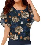 Navy Blue Floral Chiffon Blouse for Women