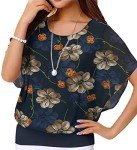 Navy Blue Floral Chiffon Blouse for Women