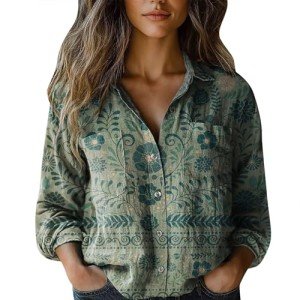 Retro Floral Linen Button-Down Blouse for Women