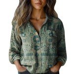 Retro Floral Linen Button-Down Blouse for Women