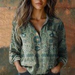 Retro Floral Linen Button-Down Blouse for Women