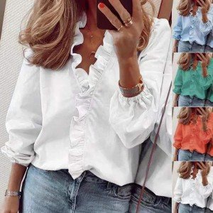 Retro Ruffled V-Neck Blouse for Women