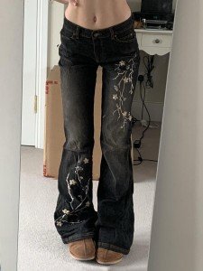 Floral Embroidery Low Rise Flared Jeans