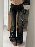 Floral Embroidery Low Rise Flared Jeans
