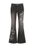 Floral Embroidery Low Rise Flared Jeans