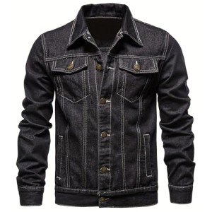 Men's Vintage Denim Jacket with Pockets - Black