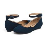 Navy Suede Retro Ankle Strap Ballet Flats