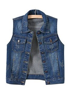 Vintage Frayed Denim Vest with Pockets for Women