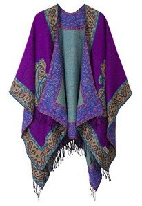 Vintage Pattern Tassel Poncho Shawl Cape - Purple