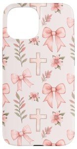 Pink Christian Cross Bow and Flower iPhone 15 Case