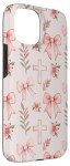 Pink Christian Cross Bow and Flower iPhone 15 Case