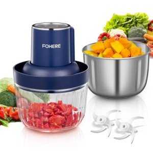 FOHERE Food Processors, Electric Food Chopper with Meat Grinder & Vegetable Chopper with 2 Bowls (8 Cup+7 Cup), 2 Sets of Bi-Level Blades for Fruits/Meat/Nuts/Baby Food, Blue
