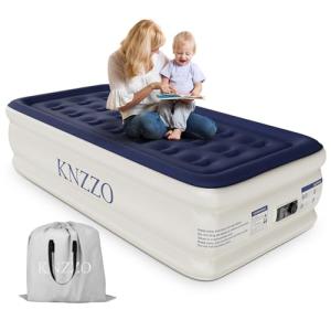 KNZZO Air Mattress Twin with Built-in Pump, Blow Up Mattress with Soft Flocked Top, Leakproof Inflatable Mattress, Foldable Waterproof Air Bed for Home, Guests, Camping, with Storage Bag