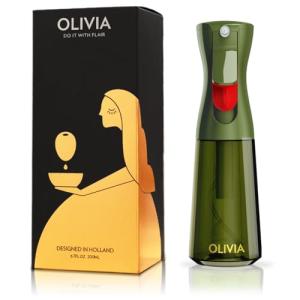 FLAIROSOL OLIVIA Oil Sprayer for Cooking, 200ml Glass Olive Oil Sprayer, Continuous Cooking Spray with Portion Control, Oil Dispenser for Kitchen, Air Fryer, Salad, BBQ (Green Bottle, Gold Print)