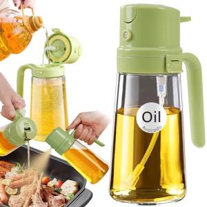 YARRAMATE 16oz/470ml Easy Refillable Oil Sprayer for Cooking, 2 in 1 Oil Dispenser for Kitchen and Oil Sprayer Bottle, Food-Grade Glass Oil Mister with Simple Open Design, Air Fryer,BBQ (Green)