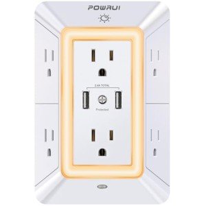 USB Wall Charger, Surge Protector, POWRUI 6-Outlet Extender with 2 USB Charging Ports (2.4A Total) and Night Light, 3-Sided Power Strip with Adapter Spaced Outlets - White，ETL Listed