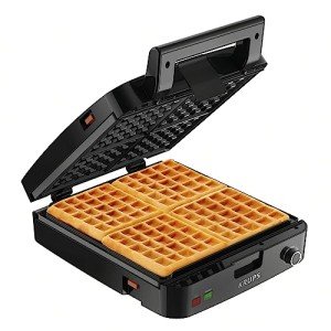 KRUPS 4-Slice Belgian Waffle Maker: Stainless Steel, 5 Browning Levels, Audible Ready Beep, Removable Plates, 1200W, Silver/Black - Perfect for Family Breakfasts
