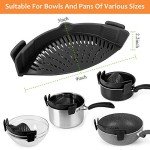 YEVIOR Clip on Strainer for Pots Pan Pasta, Silicone Food Strainer Hands-Free Pan Strainer, Clip-on Kitchen Food Strainer for Spaghetti, Pasta, Ground Beef Fits All Bowls and Pots (Black)