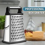 Rainspire Professional Box Grater, Cheese Grater Box for Kitchen Stainless Steel with 4 Sides, Cheese and Spice Graters with Handle for Vegetables, Ginger, Potatoes, Black