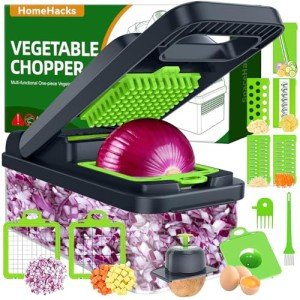 HomeHacks Vegetable Chopper Vegetable Cutter, 12 in 1 Kitchen Gadget, Dicer, Slicer, Onion Cutter, Salad, Cheese Grater & Egg Separator - Multi-Functional Veggie Chopper Lid with Handle