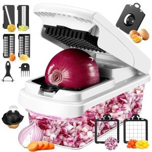 Vegetable Chopper,12 in 1 Multifunctional Food Chopper,Pro Onion Chopper with 7 Blades,Veggie Chopper with Container,Chopper Vegetable Cutter for Salad Potato Carrot Garlic,Kitchen Essential(White)