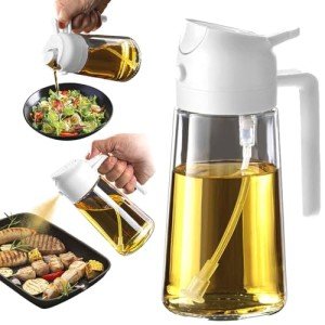 TrendPlain 16oz/470ml Glass Olive Oil Sprayer for Cooking - 2 in 1 Olive Oil Dispenser for Kitchen Gadgets, Air Fryer, Salad, and BBQ - White