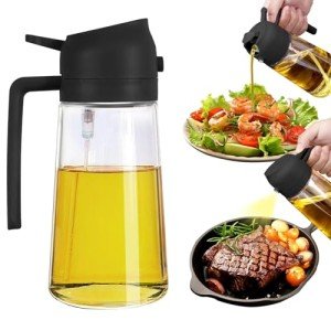 2 in 1 Oil Dispenser and Oil Sprayer, 470ml Dispenser Bottle Spray and Pour, Glass Olive Oil Sprayer for Cooking, Food-Grade Oil Spray Bottle Mister Spritzer for BBQ, Air Fryer, Kitchen (Black)