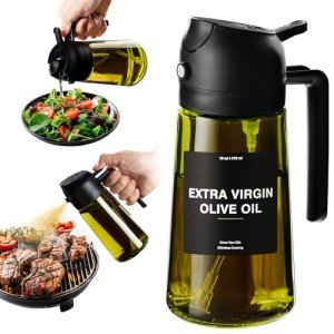 CXINYI - 16oz/470ml Olive Oil Dispenser for Kitchen with Stickers - 2 in 1 Olive Oil Sprayer for Cooking, Air Fryer, and Salad, Black (Light-Proof Kitchen Gadget)