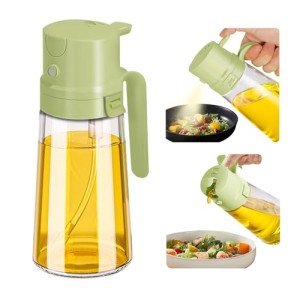 YARRAMATE 16oz/470ml Easy Refillable Oil Sprayer for Cooking, 2 in 1 Oil Dispenser for Kitchen and Oil Sprayer Bottle, Food-Grade Glass Oil Mister with Simple Open Design, Air Fryer,BBQ (Green)