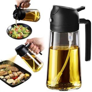 TrendPlain 16oz/470ml Glass Olive Oil Sprayer for Cooking - 2 in 1 Olive Oil Dispenser for Kitchen Gadgets, Air Fryer, Salad, and BBQ - Black
