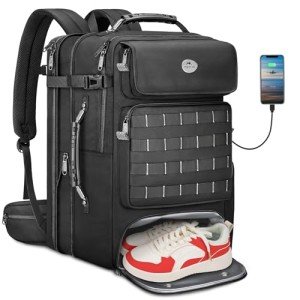 MATEIN Expandable Travel Backpack With Shoe Compartment, 52L Large Luggage Suitcase with Waist Straps & USB Charging Port, 17 Inch TSA Laptop Backpack With 3 Packing Cubes for Men, Black