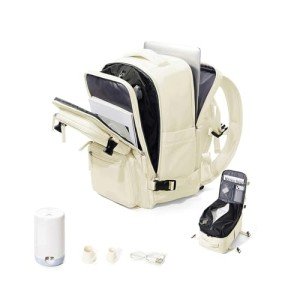 VGOCO Vacuum Backpack Travel, Airback Backpack with Pump Personal Item Carry On Bag Flight Approved Laptop Work Seal Compression Backpacks Men Women Vacpack Waterproof Business Casual Daypack Beige