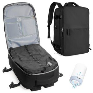 WEPLAN Travel Airback Backpack with Vacuum Compression, Waterproof Travel Backpacks with Air Pump, Large 18×14×8 inch Personal Item Bag United Airlines Approved, Vacuum Seal Backpack, Black