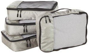 Amazon Basics Medium Packing Cubes for Travel, Packing Organizers, 4-Piece-Set With Double Zipper Pulls and Mesh Top Panel, 100% Durable Polyester, Gray, 13.8"L x 9.8"W x 3"H