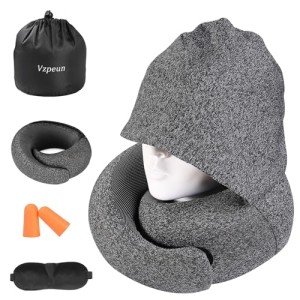 Vzpeun Travel Pillow - Hooded Neck Pillow Airplane, Memory Foam Pillow for Plane, Office, Cars Sleeping, Long Flight Must Haves, Road Trip Essentials Accessories for Adults