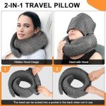 Vzpeun Travel Pillow - Hooded Neck Pillow Airplane, Memory Foam Pillow for Plane, Office, Cars Sleeping, Long Flight Must Haves, Road Trip Essentials Accessories for Adults