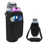 for Owala FreeSip Insulated Stainless Steel Water Bottle Cup Holder Cover Carrier Sling Bag with Strap, Pouch Pocket for Phone/Accessories, add Handle for Owala 24oz (Black-24oz)
