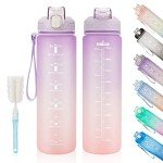 YC Kitchen Motivational Water Bottle with Time Marker- 32oz Water Bottles with Times to Drink, Leakproof & BPA Free Sports Water Bottle with Straw & Carry Strap for Fitness, Gym, and Outdoor Sports