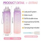 YC Kitchen Motivational Water Bottle with Time Marker- 32oz Water Bottles with Times to Drink, Leakproof & BPA Free Sports Water Bottle with Straw & Carry Strap for Fitness, Gym, and Outdoor Sports