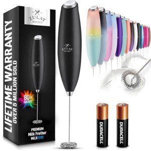Zulay Kitchen Milk Frother Wand Drink Mixer with AA Duracell Batteries- Durable Handheld Milk Frother Electric Whisk - Easy-Clean Milk Frother Wand & Mini Blender - Electric Coffee Frother - Black