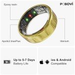 POBOVi Smart Ring for Women Men- Sleep/Fitness/Stress/Heart Rate Tracker- Menstrual Records - 7 Days Battery Life - Wireless Charging - No APP Subscription - iOS & Android Compatible (Gold, Size 8)