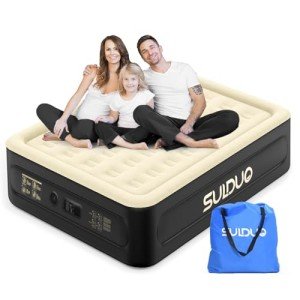 SULDUO Luxury Air Mattress Queen with Built in Pump, 18'' High Double Blow Up Mattress, Self Inflating Air Bed with Flocked Top and Carry Bag, Durable Portable Airbed for Home Guest and Camping, Khaki
