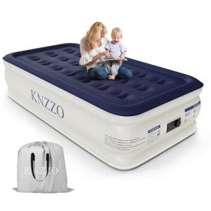 KNZZO Air Mattress Twin with Built-in Pump, Blow Up Mattress with Soft Flocked Top, Leakproof Inflatable Mattress, Foldable Waterproof Air Bed for Home, Guests, Camping, with Storage Bag