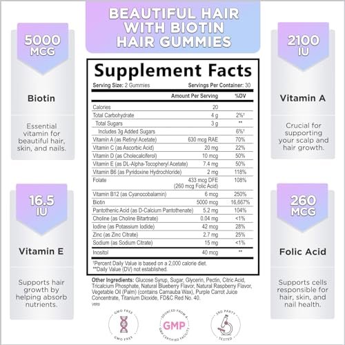 Hair Growth Gummies with Biotin & Vitamins - 60 Count