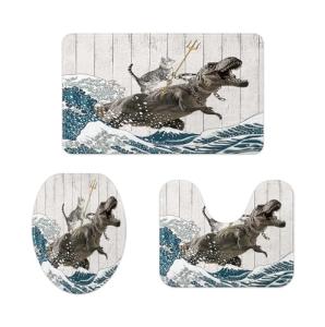Funny Cat Bath Mat Set with Ocean Wave Design