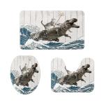 Funny Cat Bath Mat Set with Ocean Wave Design