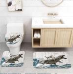 Funny Cat Bath Mat Set with Ocean Wave Design